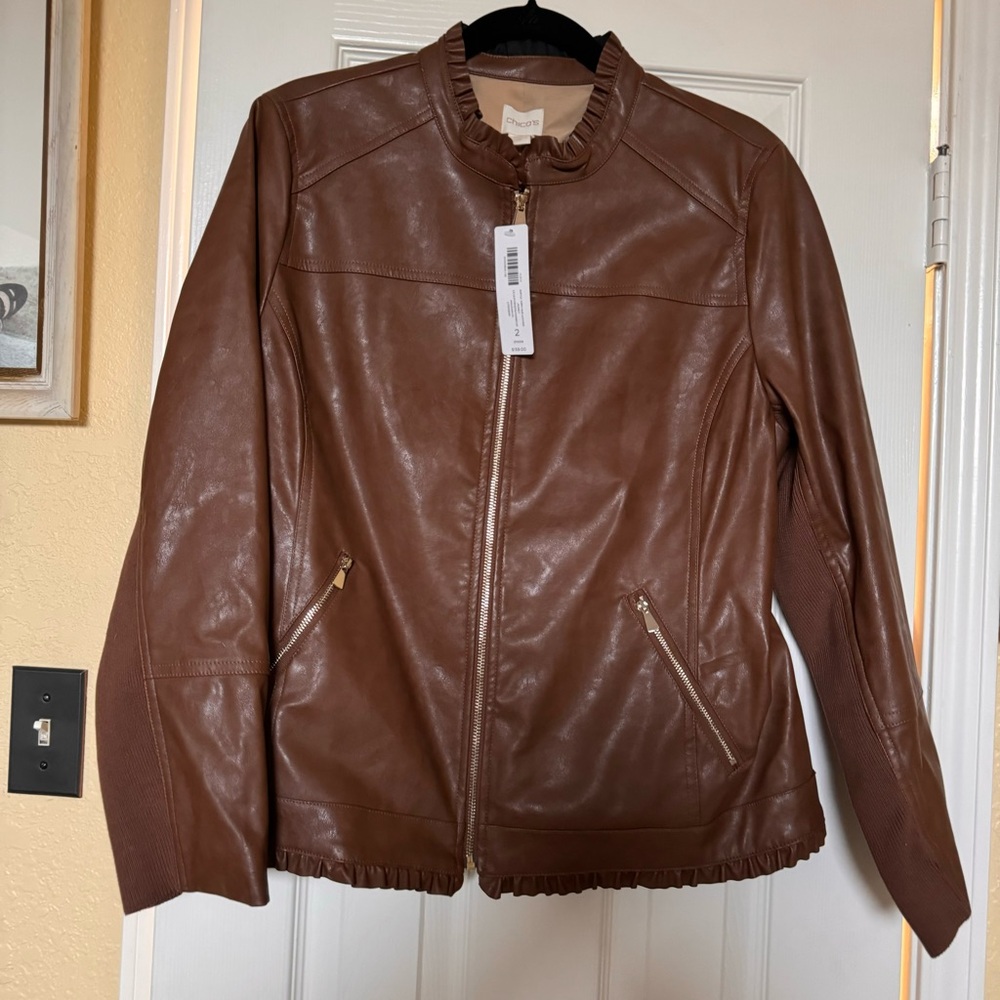 Chicos Ruffle Trim Faux Leather Jacket Macchiato Color Size 2
